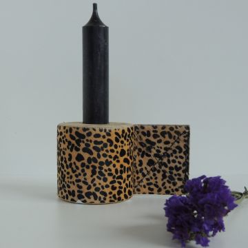 Kandelaar leer/hout stip bruin/zwart