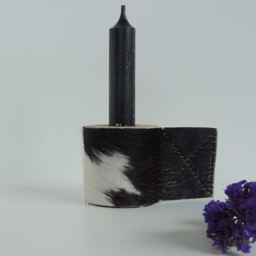 Kandelaar leer/hout koe zwart/wit